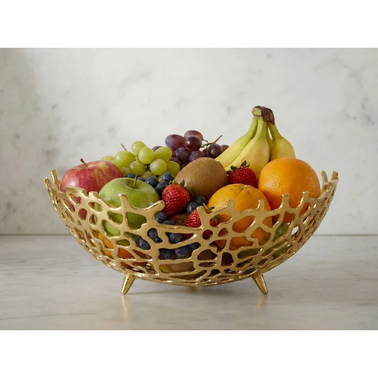 FINEBUY Obstschale FB77651 Früchtekorb Aluminium Gold 46cm Dekoschale Obstkorb Metall, Aluminium, (Schöne Früchteschale in schicker Korallenoptik), Drei kleine Standbeine für sicheren Halt – Bild 2