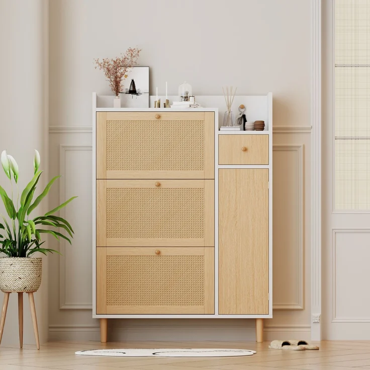 Merax Schmal Schuhschrank mit 3 Klappen, Rattan Schuhschrank Schuhkipper mit Schublade und Tür, Schuhkommode mit Verstellbarer Ablage, Weiß – Bild 2