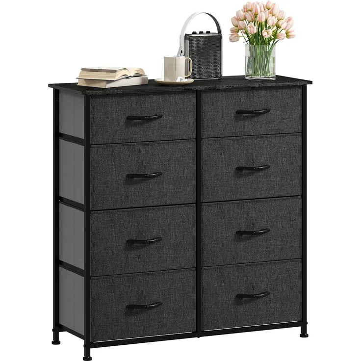 DWVO Kommode mit 8 Schubladen, langlebiger Stoff, Robustes Metallgestell, modern und funktional, ideal für Schlafzimmer, Wohnzimmer, Flur, Kinderzimmer, Schwarz Grau