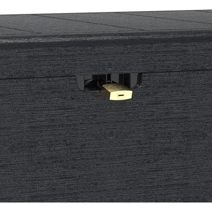 Duramax Cedargrain Durabox 270 Liter/ 71 Gallonen Kissenbox aus Kunststoff, Auflagenboxen aus Kunststoff mit Griffen, Organizer für Gartenmöbel, abschließbarer Deckel, Patio-Box, Dunkelgrau – Bild 13