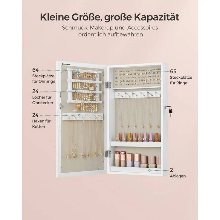 Songmics Schmuckschrank, Spiegelschrank, Hängeschrank, abschließbarer Wandschrank, platzsparender Schmuckorganizer, Oberfläche in Weiß, Innenfutter in Greige JJCDE051W02 – Bild 3