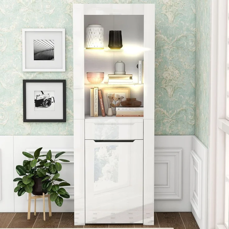 Ball & Cast Standvitrine mit Beleuchtung - Mit Offenen Fachböden & Schubladen, Vitrine für Küche, Schlafzimmer & Wohnzimmer, Weiß – Bild 1