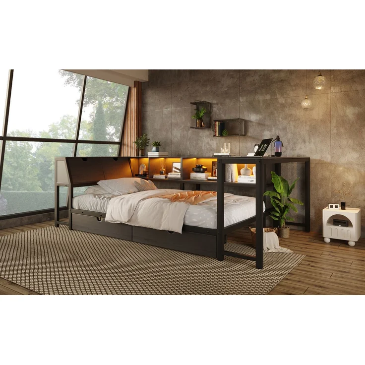 U-life Metallbett 90x200 cm, für Jugendliche, LED-Beleuchtung, Schreibtisch & Schubladen, Multifunktionales bett, MDF, Schwarz – Bild 8