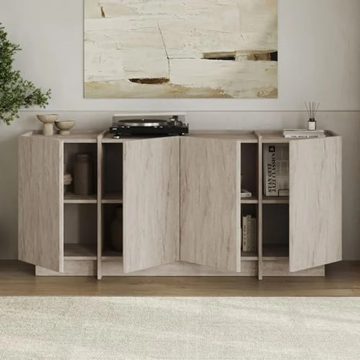 Modern Console Table, Travertine Color, 180 x 80 x 45 cm | 100% Melamine Coated Particle Board, 18 mm Thick | Features Soft-Close Hinges & Numerous Shelves | Stylish Addition to Any Home Décor – Bild 5