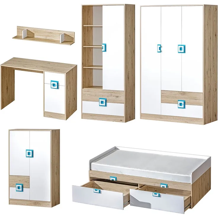 Jugendzimmer-Set ""Nico"" Bett 90x200cm Kleiderschrank Schreibtisch Eiche hell weiß türkis