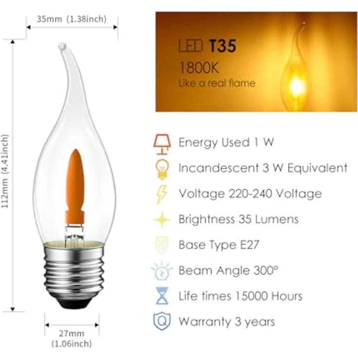 LVWIT E27 Flammen Glühbirne Warmweiss 1W, Flammeneffekt Licht T35, Flackernde Lampe LED Flackerlicht Flackerlampe für Zuhause Garten Bar Halloween Weihnachten, Ersetzt 3W Glühlampen, 1800K, 6er Pack – Bild 3