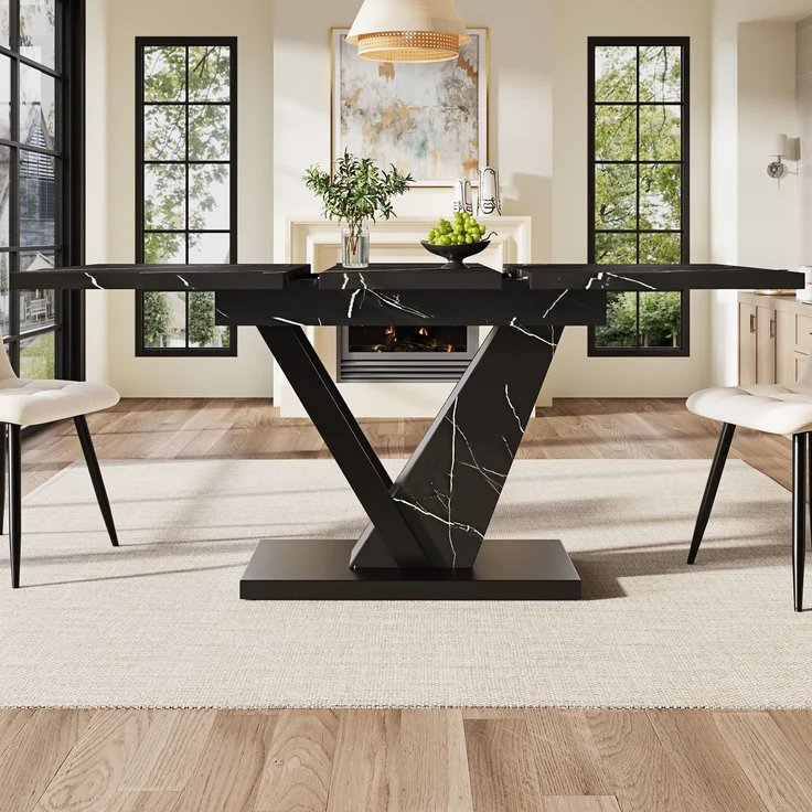 Esstisch ausziehbar 120–160x75x75,5 cm, stilvoller Tisch mit Marmor-Dekorplatte, stabilem Metallrahmen für Küche & Wohnzimmer, 75.5cmx120-160cmx75cm, Schwarz – Bild 5