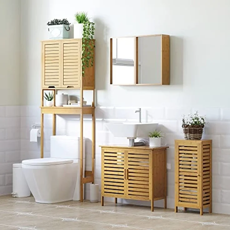 Kleankin Badkommode Badezimmerschrank mit Lamellentür 2 Fächern (Aufbewahrungsschrank, 1 St, Toilettenschrank), Natur, 30 x 19,9 x 70 cm – Bild 2