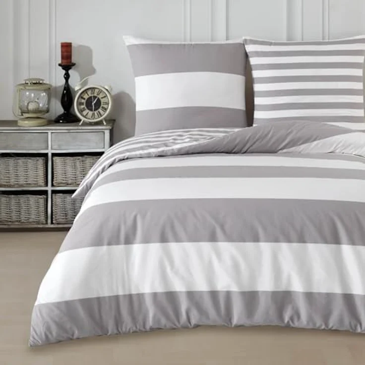 Buymax Bettwäsche Aspara Bettbezug Set 100% Baumwolle, Renforcé, 2 teilig, mit Reißverschluss, modern gestreift, Grau Weiß, 135x200 cm – Bild 2