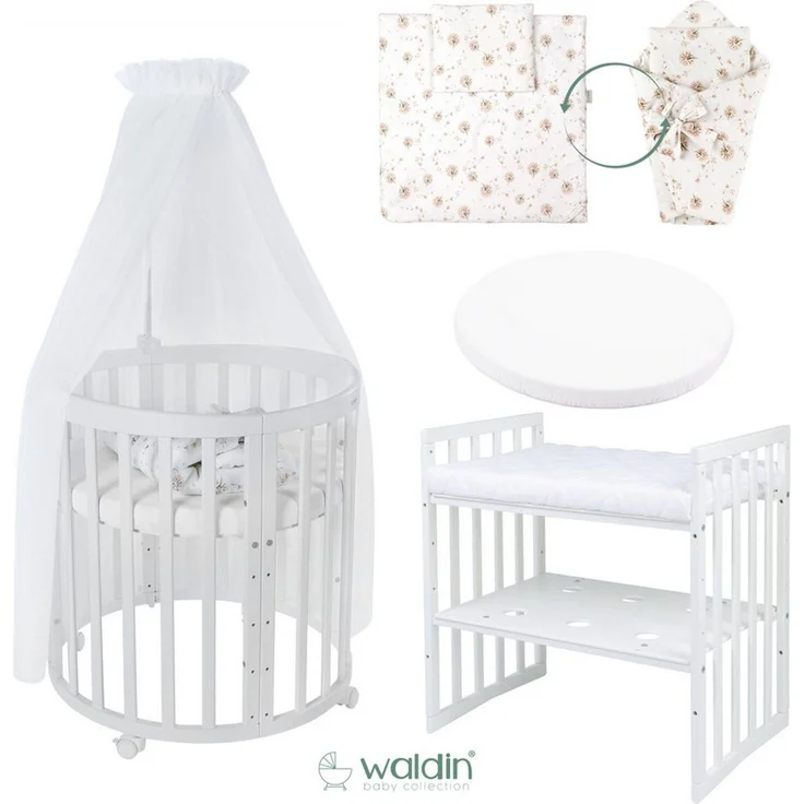 Waldin Babybett Oval 7in1 mitwachsend, Beistellbett, Matratze, Rollen, Buche, Weiß – Bild 3