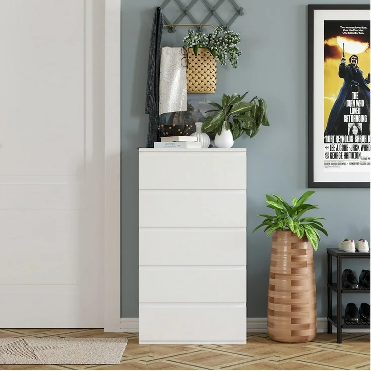 Homfa Kommode, Sideboard mit 5 Schubladen, Schubladenschrank, weiß, Holz, 55x33x100cm – Bild 3
