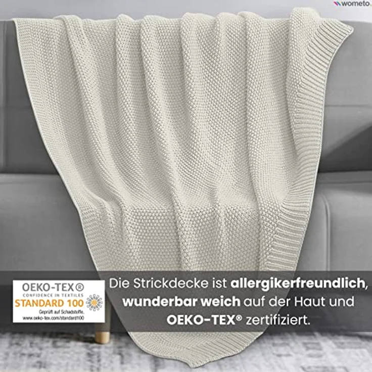 wometo Strickdecke, Weiß, 140x190 cm, Oeko-Tex® zertifiziert, hochwertige Grobstrick-Optik, pflegeleicht, Kuscheldecke – Bild 2