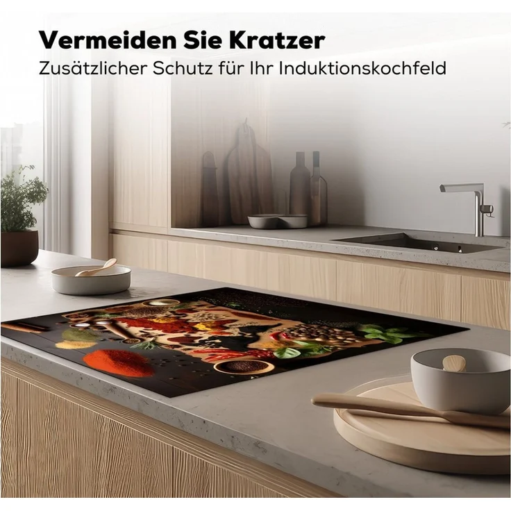 MuchoWow Herd-Abdeckplatte Kräuter - Gewürze - Weltkarte - Braun - Löffel - Farbenfroh, Vinyl, (1 tlg), Ceranfeldabdeckung Küche, Herdabdeckplatte Einteilig, 60x52 cm – Bild 3