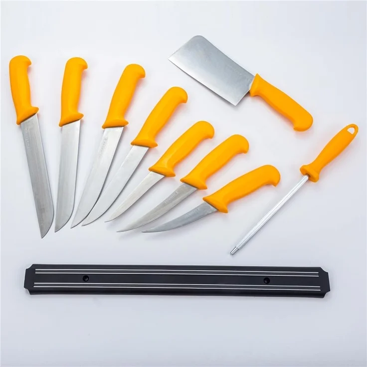 HOOZ Messer-Set Profi Fleischermesser 10-teilig mit Wetzstahl Ausbeinmesser Hackbeil (10-tlg), Magnetstreifen für ordentliche und griffbereite Aufbewahrung – Bild 1