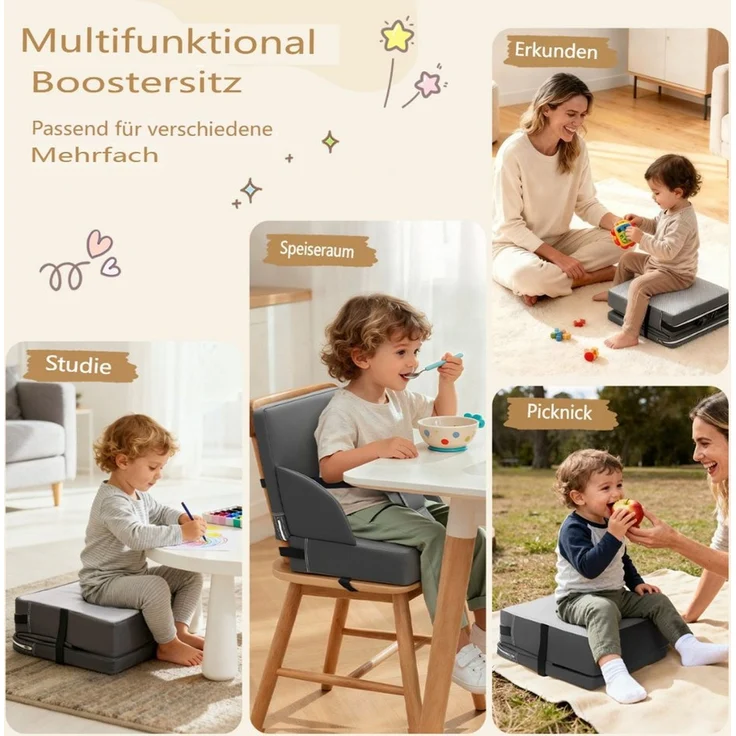 Insma Sitzkissen Kindersitzerhöhung Stuhlkissen Kunstleder 3-Punkt verstellbaren Gurten, wasserdicht, rutschfest, 34,5 × 34,5 × 9cm – Bild 4