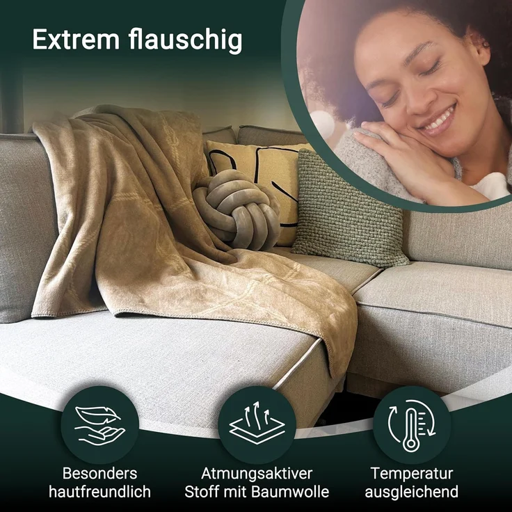 ZOLLNER Kuscheldecke flauschig in 150x200 cm, kuschelige und weiche Sofadecke, waschbar, creme-fango – Bild 3