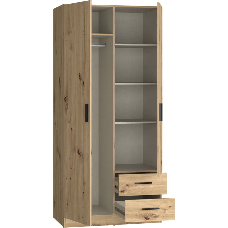 Forte JOAKIM Kleiderschrank 90, Skandi-Stil Schrank, 2-türig, 2 Schubladen, Einlegeböden, Kleiderstange, Holzwerkstoff, Artisan Eiche Holzdekor, 90,8 cm breit x 197 cm hoch x 54 cm tief – Bild 5