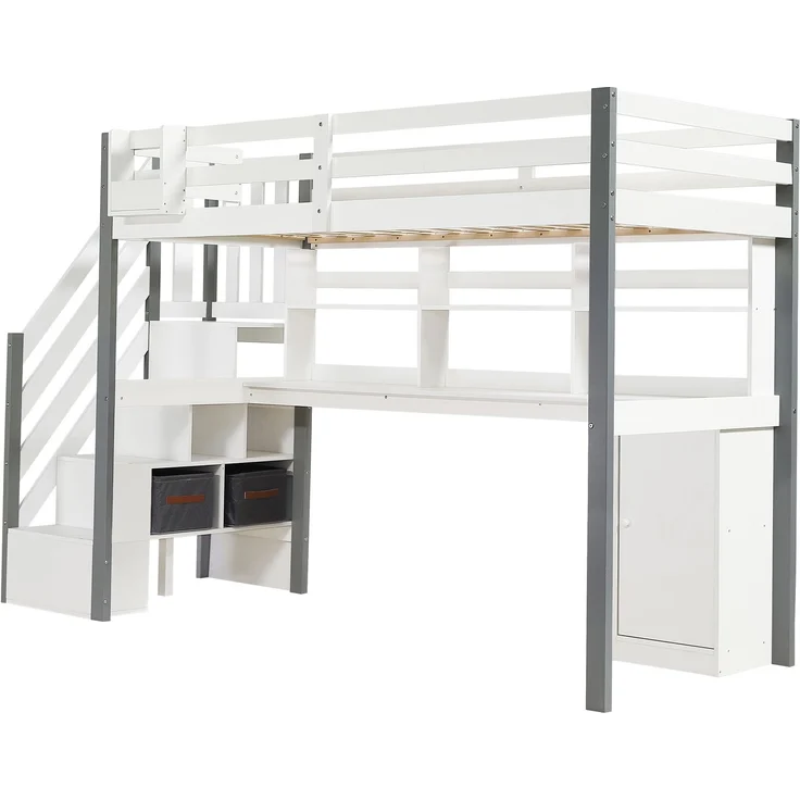 Hochbett 90×200 cm aus Metall mit Treppe und Stauraum, weiß – Bild 5