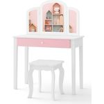 COSTWAY Kinder 2in1 Schminktisch Set mit dreifach klappbarem Spiegel, Schublade & Hocker, Holz weiß, 34 x 70 x 95,5 cm