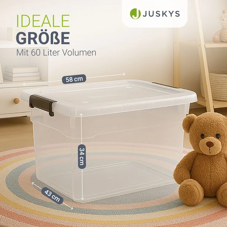 Juskys Aufbewahrungsbox mit Deckel, 6er-Set, stapelbar, Kunststoff transparent, 60 Liter – Bild 3