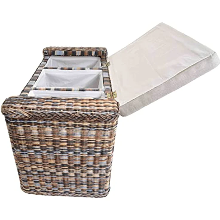 Krines Home Sitztruhe Rattan Wäschetruhe Sitzbank mit Stauraum Wäschesortierer 3 Fächer, mit Deckel – Bild 9