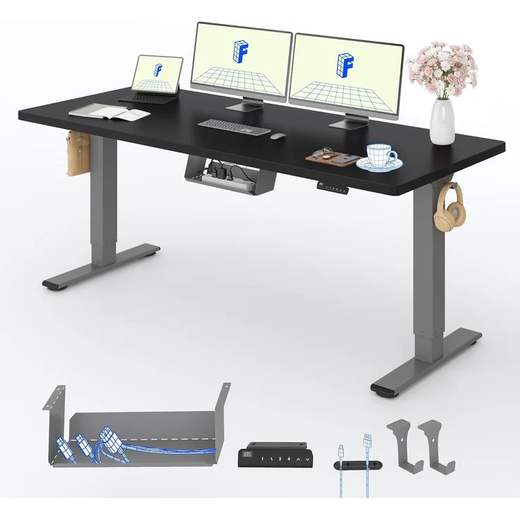 FLEXISPOT Höhenverstellbarer Schreibtisch mit 2 Motoren & 25MM einteiliger Tischplatte,ergonomischer Bürotisch - 180x80 cm Schwarz, graues Gestell – Bild 1