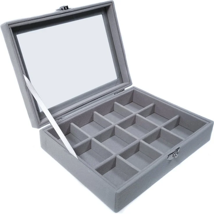 Yudu Aufbewahrungsbox Schmucktablett Schmucklade Schmuckkästchen mit Glasdeckel grau – Bild 1