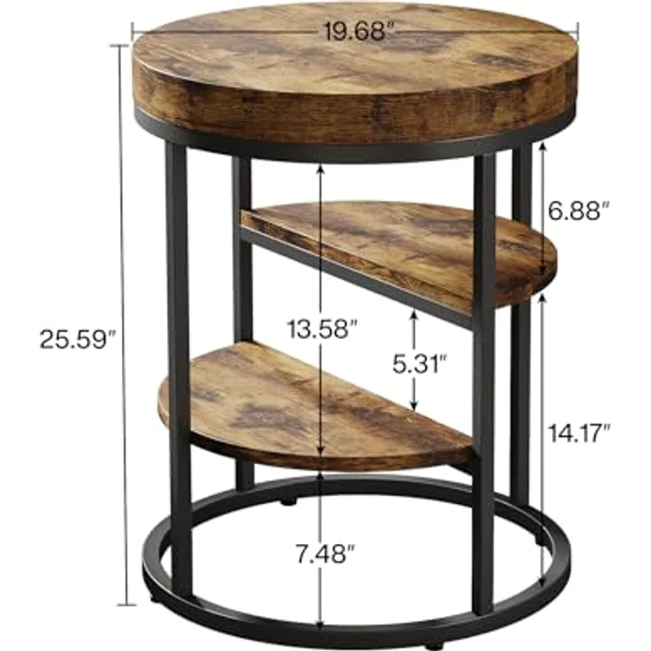 LITTLE TREE Beistelltisch rund, Kleiner Couchtisch mit Ablage - 3 Ebenen, runder moderner Kaffeetisch mit Metallgestell für Wohnzimmer Schlafzimmer, Industrie-Design, vintagebraun-schwarz – Bild 2