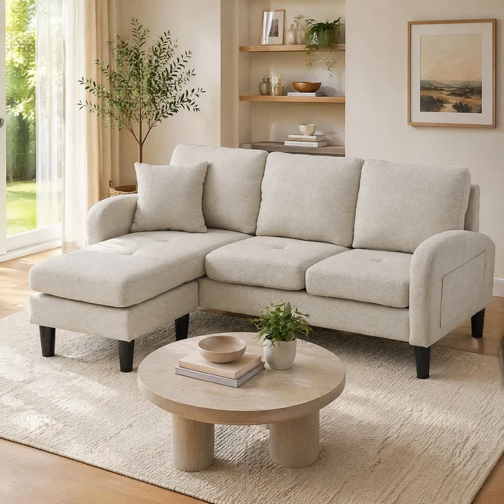 DESVIAE Sofa 3-Sitzer mit flexibler Chaiselongue 166x77x118 cm Baumwoll-Leinen-Bezug Beige Grau/Weiß – Bild 1
