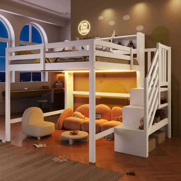 Hochbett mit RGB LED-Streifen, Stauraum, Lattenrost, Rausfallschutz und Regal, Treppe mit Regal, 140x200 cm, Kinderbett, Kiefer – Bild 3