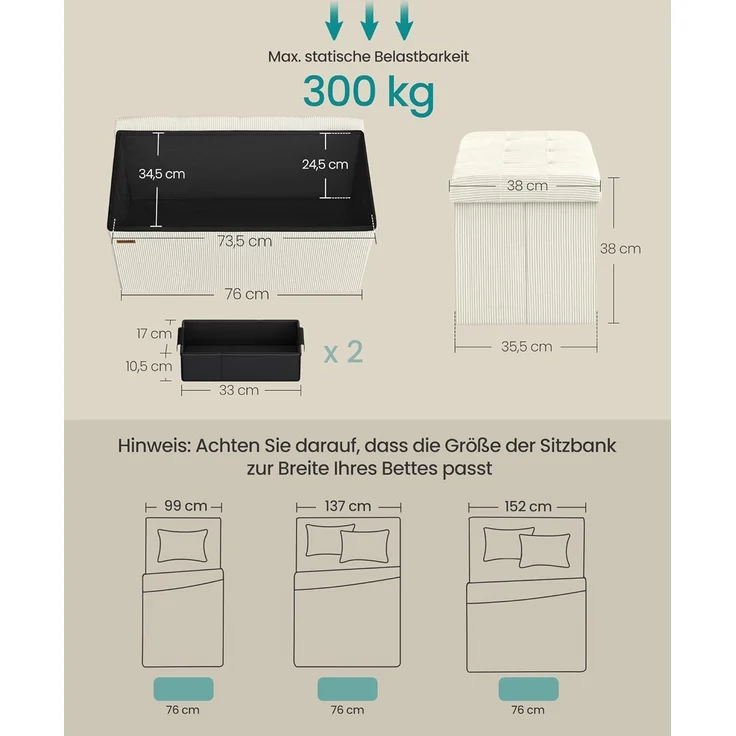 SONGMICS Sitzhocker mit Stauraum, klappbare Sitzbank, 38 x 76 x 38 cm Fußbank, Bettbank, Aufbewahrungsbox, bis 300 kg belastbar, Wohnzimmer, Schlafzimmer, Eingangsbereich, cremeweiß – Bild 3