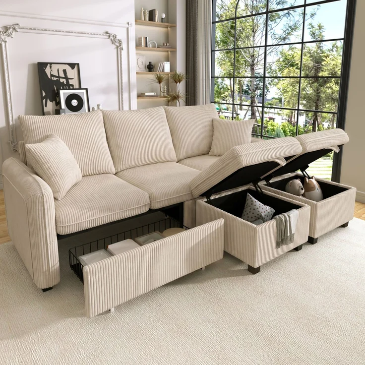 DESVIAE Sofa mit Schlaffunktion und Stauraum, Cord-Stoff, Beige, 188 x 186 x 86 cm – Bild 1