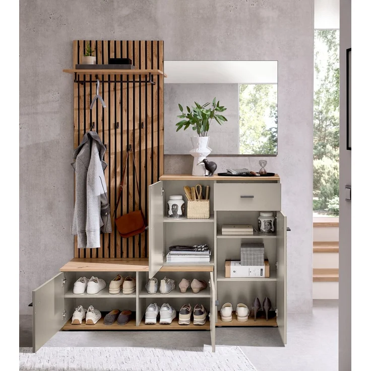XORA 'FYNN' Garderoben-Set in Lamellen-Optik, Holznachbildung Kaschmir, 148 x 199 x 38 cm, mit Spiegel und Schublade – Bild 4