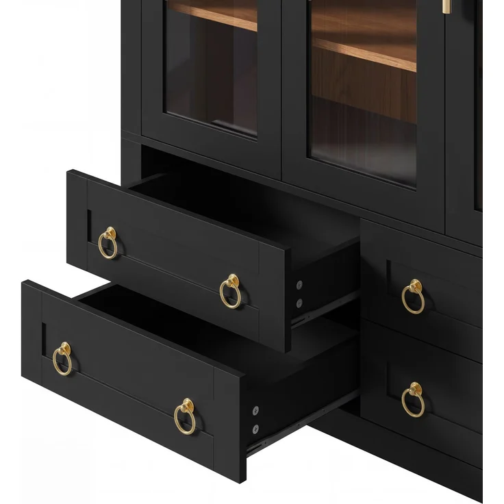 Flieks Vitrinenschrank, Hochschrank mit 3 Glastüren, 4 Schubladen & offener Bogennische, 110 x 40 x 185 cm, Schwarz – Bild 9