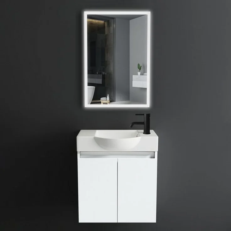 Alpenberger Badmöbel-Set mit Spiegel - Waschtisch mit Unterschrank + Badspiegel mit Beleuchtung, (Badezimmerschrank mit Waschbecken, 3-tlg. Badezimmermöbel), Waschbeckenunterschrank - Weiss Glänzend – Bild 4