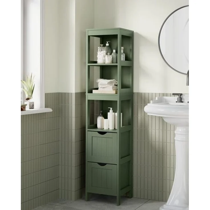VASAGLE Badezimmerschrank, Schrank freistehend, Badezimmermöbel, mit 2 Schubladen, offenen Fächern, für Badezimmer, Wohnzimmer, Küche, modern, 30 x 30 x 141,5 cm – Bild 1