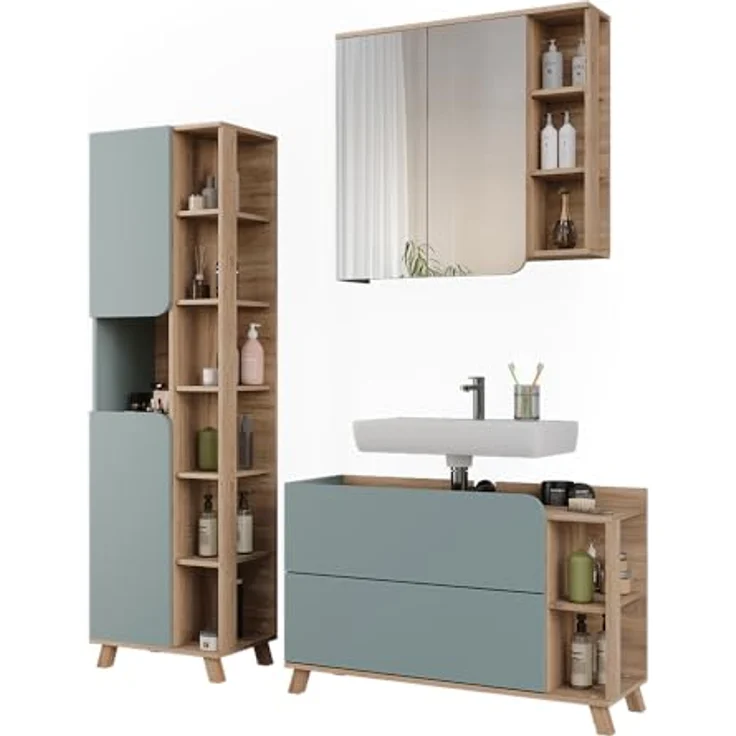 Vichy Badmöbel-Set Karen, 3-teilig, Sonoma/Blau, mit elegantem Waschbeckenunterschrank und geräumigem Spiegelschrank – Bild 6