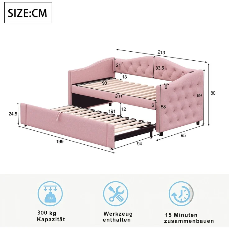 Polsterbett Ausziehbares Schlafsofa, 90*200 cm, Mit USB-Anschluss, Klassische Form mit Knöpfen mit Lattenrost, Multifunktionsbett - Gästebett, Leinenstoff, Grau (Matratze nicht enthalten) – Bild 10
