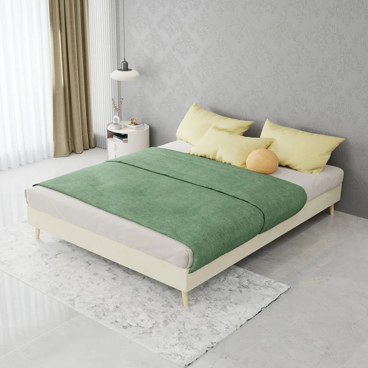 Novelux Bettgestell 140x200 Beige – Modernes Plattformbett aus Samt, Holzrahmen, Ohne Kopfteil, Low-Profile Design – Bild 9