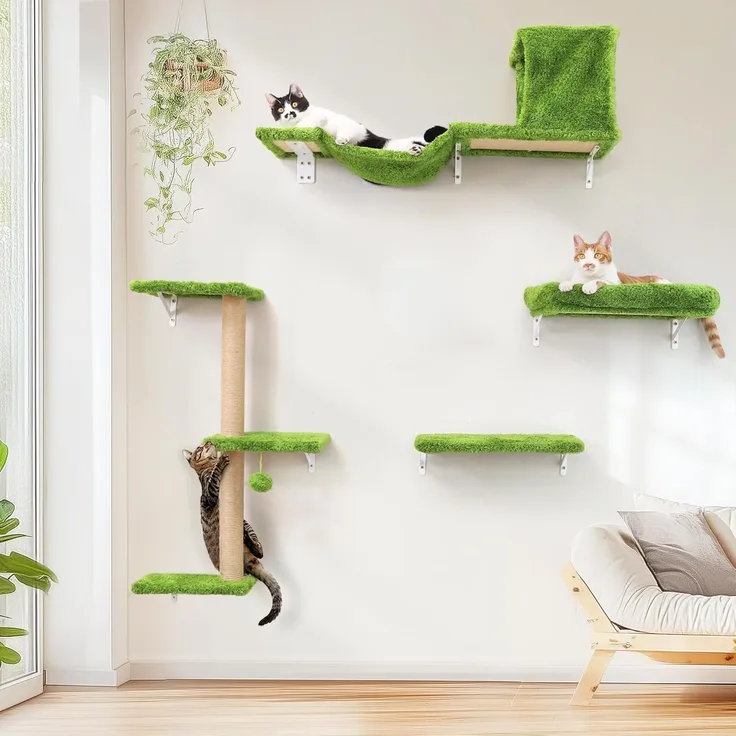 FUKUMARU Kletterwand Katzen Set, 10-teilig Katzen Kletterwand Set, aus robuster Multiplexplatte，Hängematte Katze mit Katzenhaus, Katzenbrücke, Katzenbaum, Katzentreppe bis zu 18 kg, grün