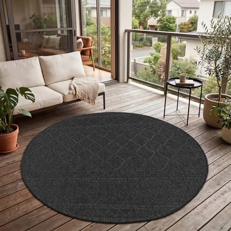 Paco Home In-& Outdoor Teppich Balkon Terrasse Küchenteppich Modernes Boho Ethno Muster, Grösse:200 cm Rund, Farbe:Anthrazit 2 – Bild 3