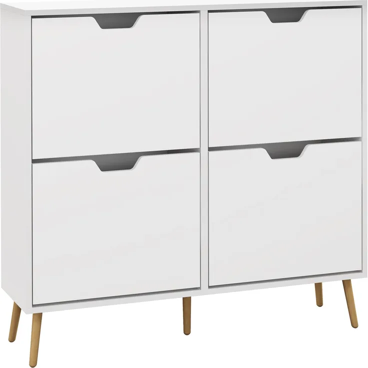Schuhschrank mit 4 Klappen für 16 Paar Schuhe, mit verstellbarem Einlegeboden, Füße aus Kiefernholz, 95 x 26 x 95 cm, weiß