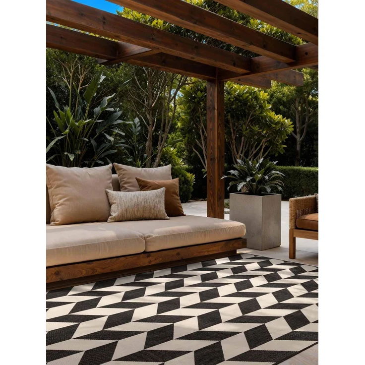 Ted Baker Flachgewebe Teppich Terrick - Wendeteppich Outdoor geeignet, Pflegeleichter Wohnzimmerteppich, Modern, Zigzag Muster für Wohnzimmer, Terrasse, Esszimmer, Balkon - Schwarz Weiß, 200x300 cm