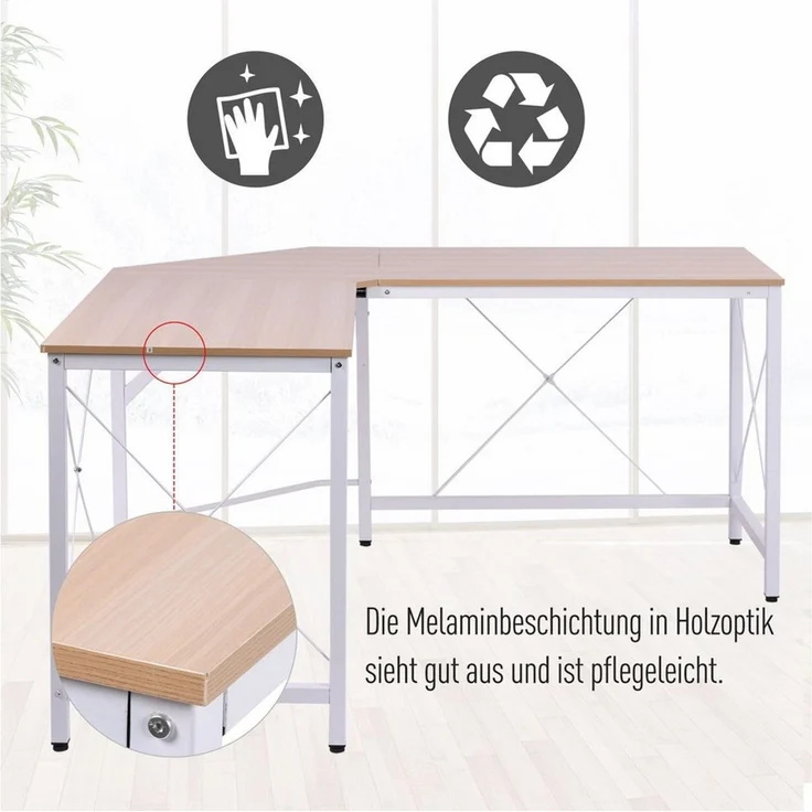 HOMCOM Eckschreibtisch L-Form Winkelschreibtisch (PC-Tisch, 1-St, Computetisch), MDF Natur + Weiß 150 x 150 x 76 cm – Bild 3