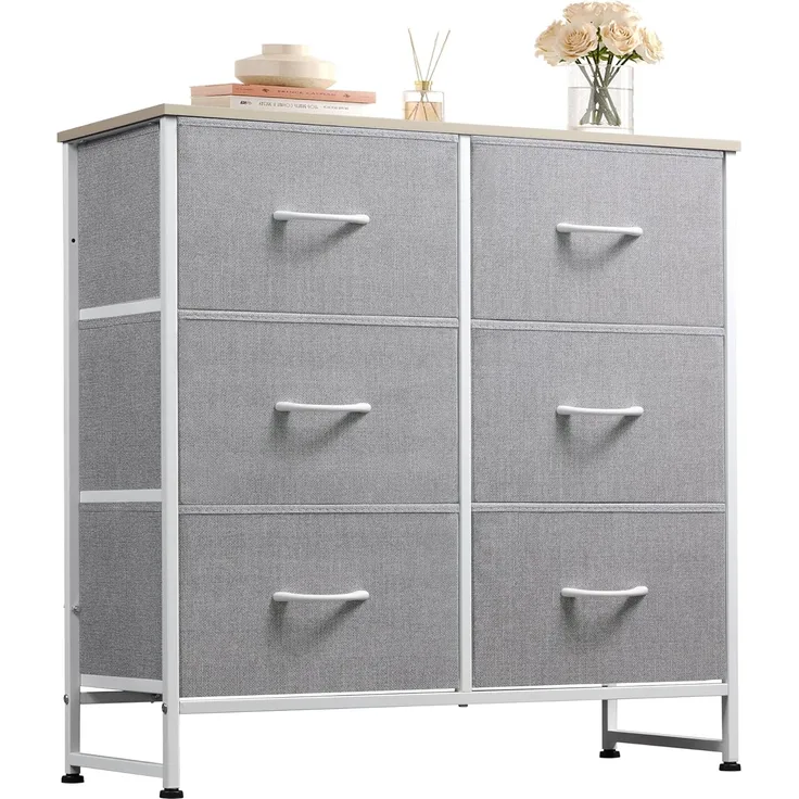 WLIVE Kommode mit 6 Schubladen aus Stoff, Kommodenschrank für Schlafzimmer, Kommode Wohnzimmer, mit Stabiler Stahlrahmen, Holzplatte, Hellgrau