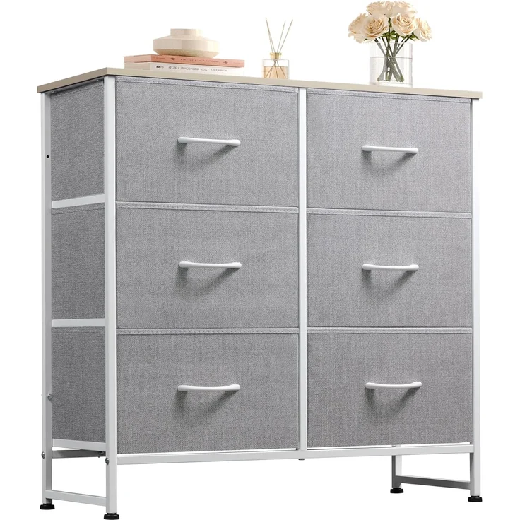 WLIVE Kommode mit 6 Schubladen aus Stoff, Kommodenschrank für Schlafzimmer, Kommode Wohnzimmer, mit Stabiler Stahlrahmen, Holzplatte, Hellgrau – Bild 1