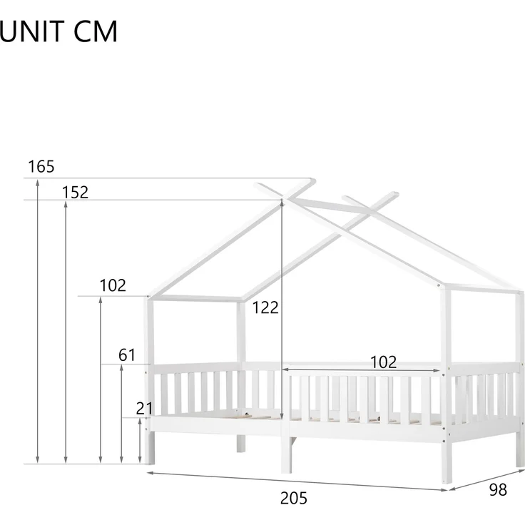 Hausbett 90×200 cm mit Rausfallschutz und Lattenrost, Weiß, ohne Matratze – Bild 10