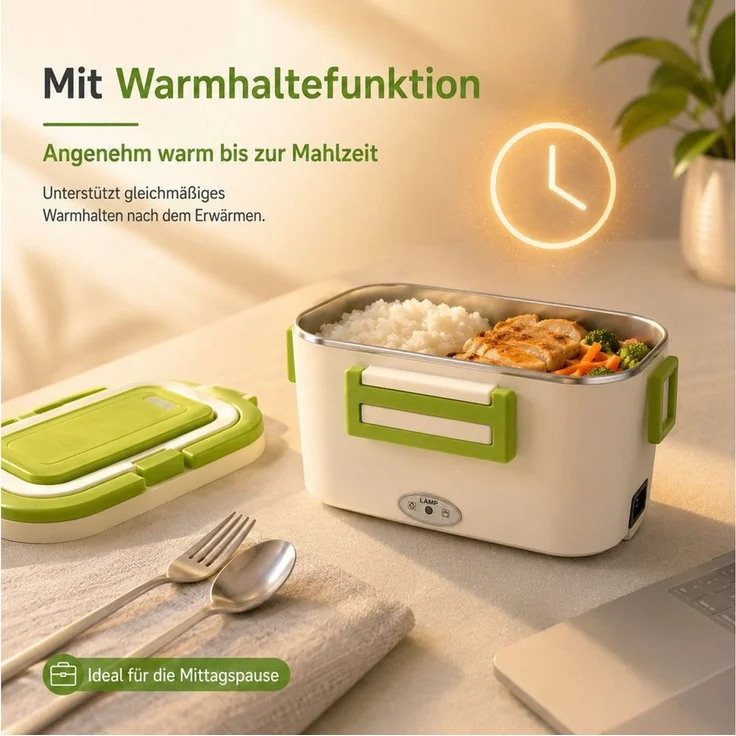 Luckice Elektrische Lunchbox 1,8 L, 80 W, 12 V/24 V/240 V, 304-Edelstahlbehälter,Warmhaltefunktion, (auslaufsicher, Besteckfach, inkl. Löffel, Gabel & 2 Stromkabel, für Auto, LKW, Büro und Zuhause, Tragegriff), tragbare elektrische Dose – Bild 2