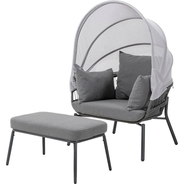 LECO Sessel mit Fußhocker CLARA, Sonnendach, Polsterauflage und Kissen grau, Stahlrohrgestell anthrazit, Sessel 102x93x 52 cm, Hocker 89x48x36 cm – Bild 1