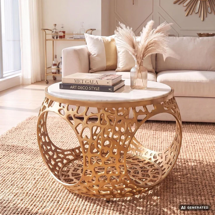 Couchtisch 60cm Aluminium Gold mit weißer Marmor Tischplatte - Runder Wohnzimmertisch mit Stauraum - Design Sofatisch - Moderner Loungetisch - Edler Beistelltisch Wohnzimmer Handgefertigt – Bild 2